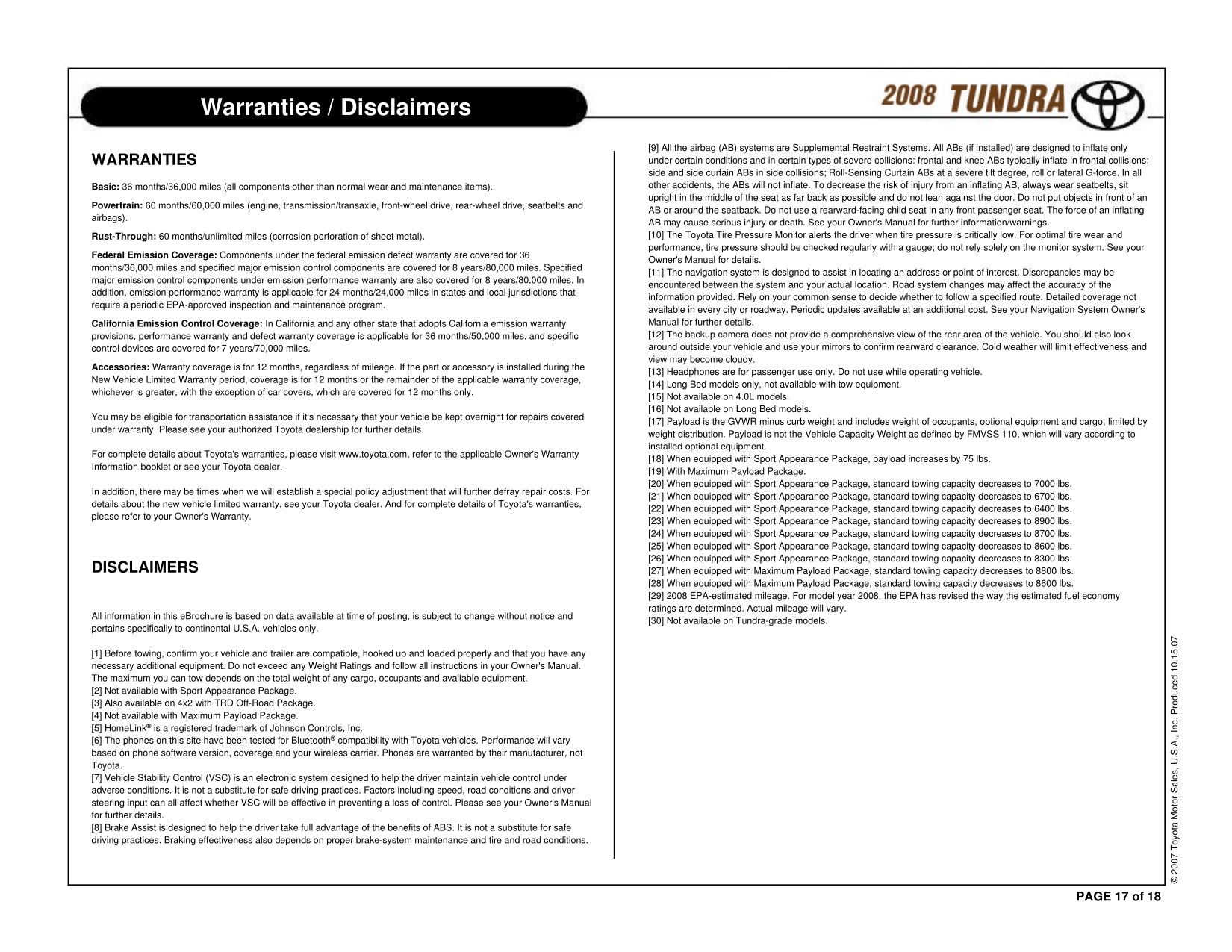 2008 Toyota Tundra RC 4x2 Brochure Page 1